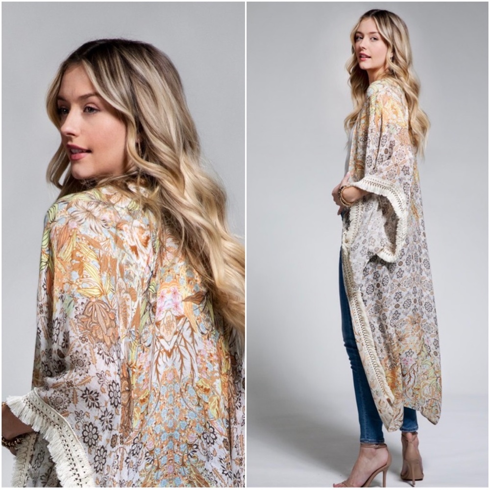 Boho Floral Paisley Print Fringe Crochet Long Kimono Beach - Picture 2 of 2
